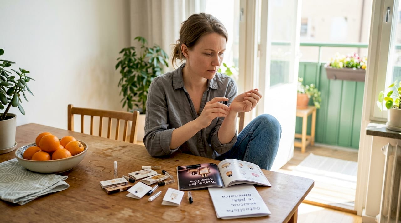 Nainen kokeilee uutta hajuvesinäytettä kotona