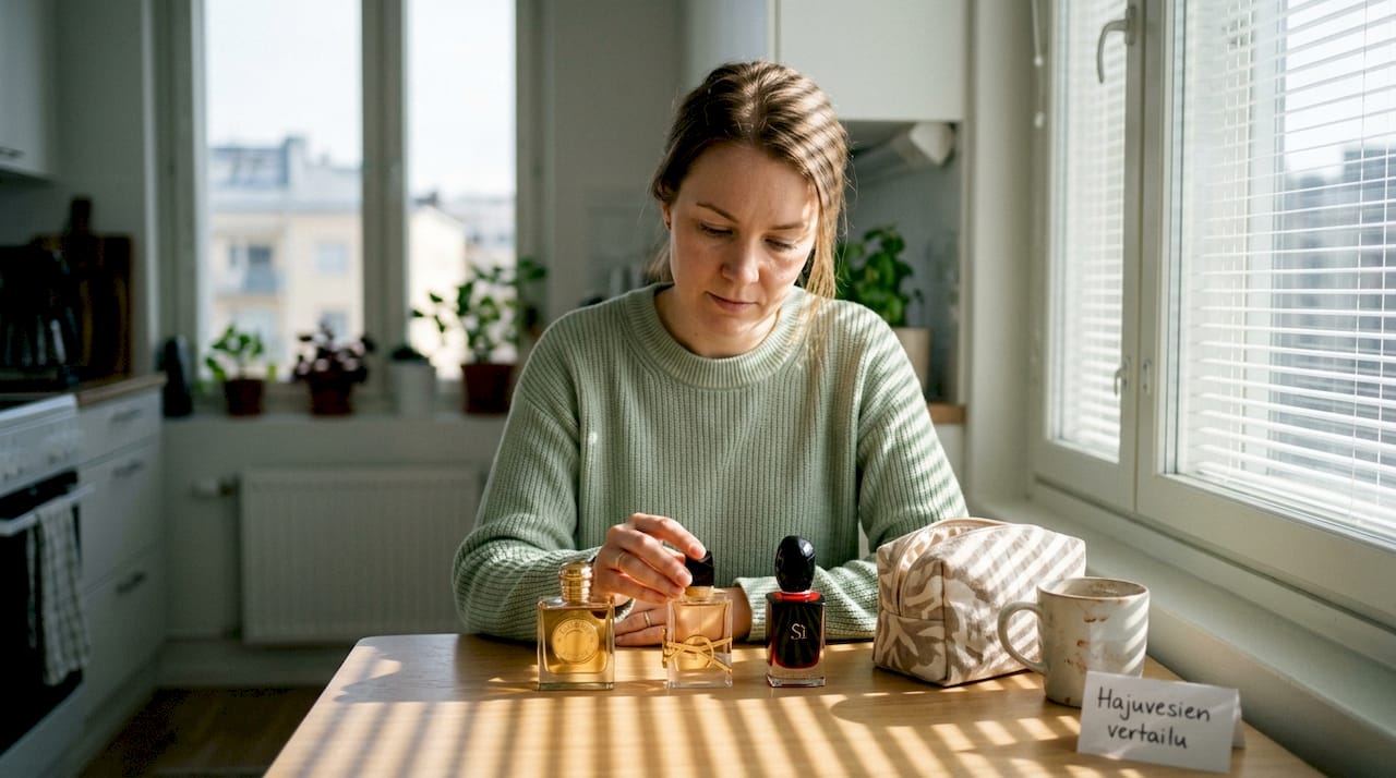 Nainen vertailee eri matkakokoisia hajuvesipulloja pöydän ääressä.