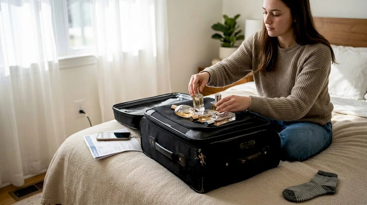 Traveler packing suitcase with small perfume bottles