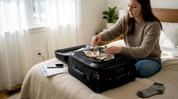 Traveler packing suitcase with small perfume bottles