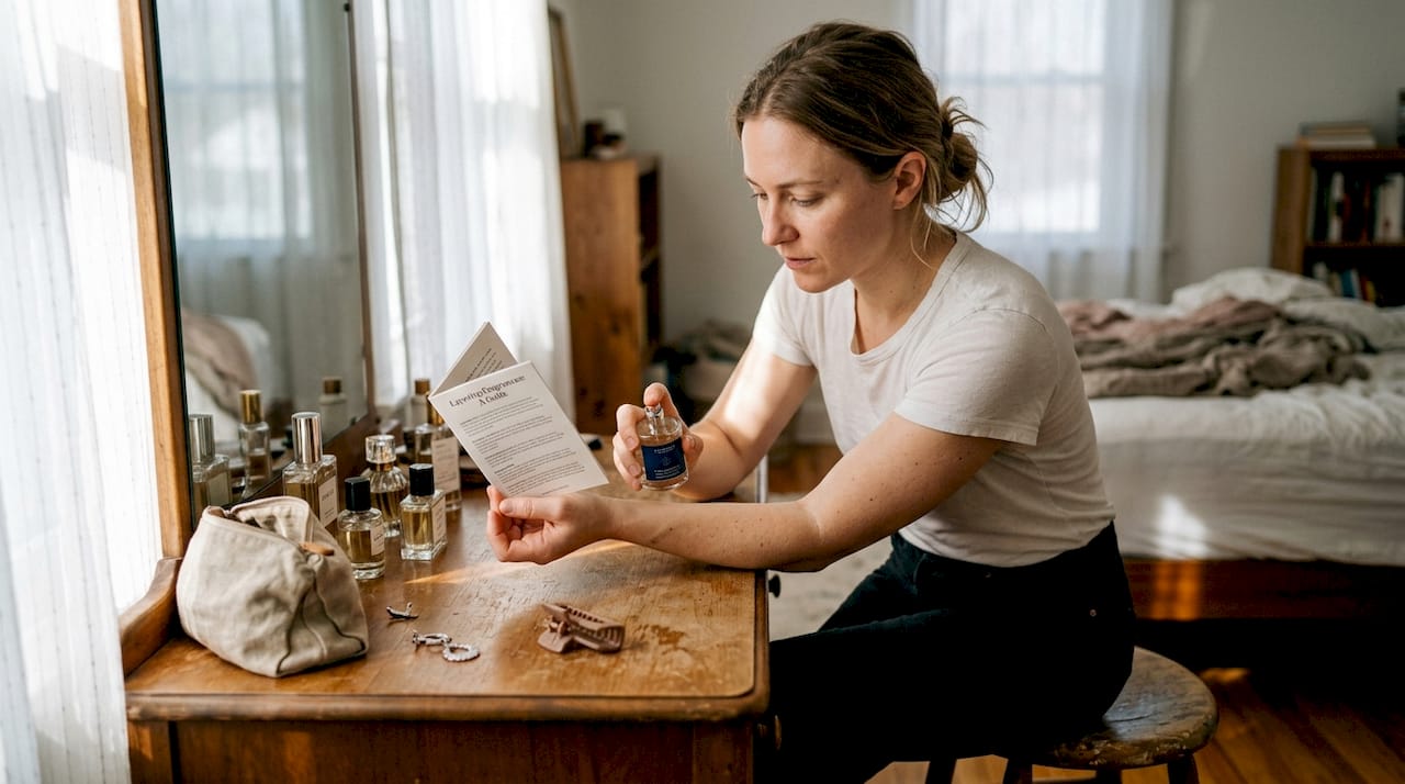 Woman layering perfumes at home vanity