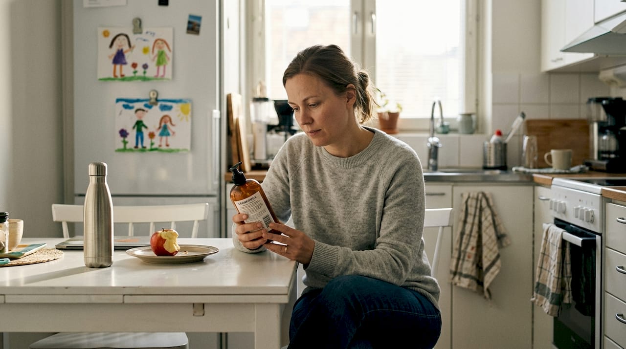 Nainen tutkii käsisaippuapullon ainesosaluetteloa kotonaan.