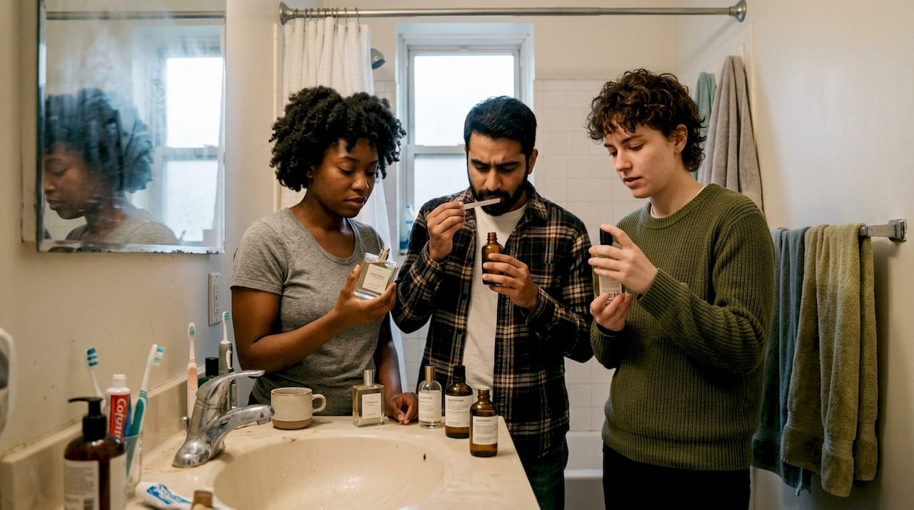 People exploring unisex fragrances at home