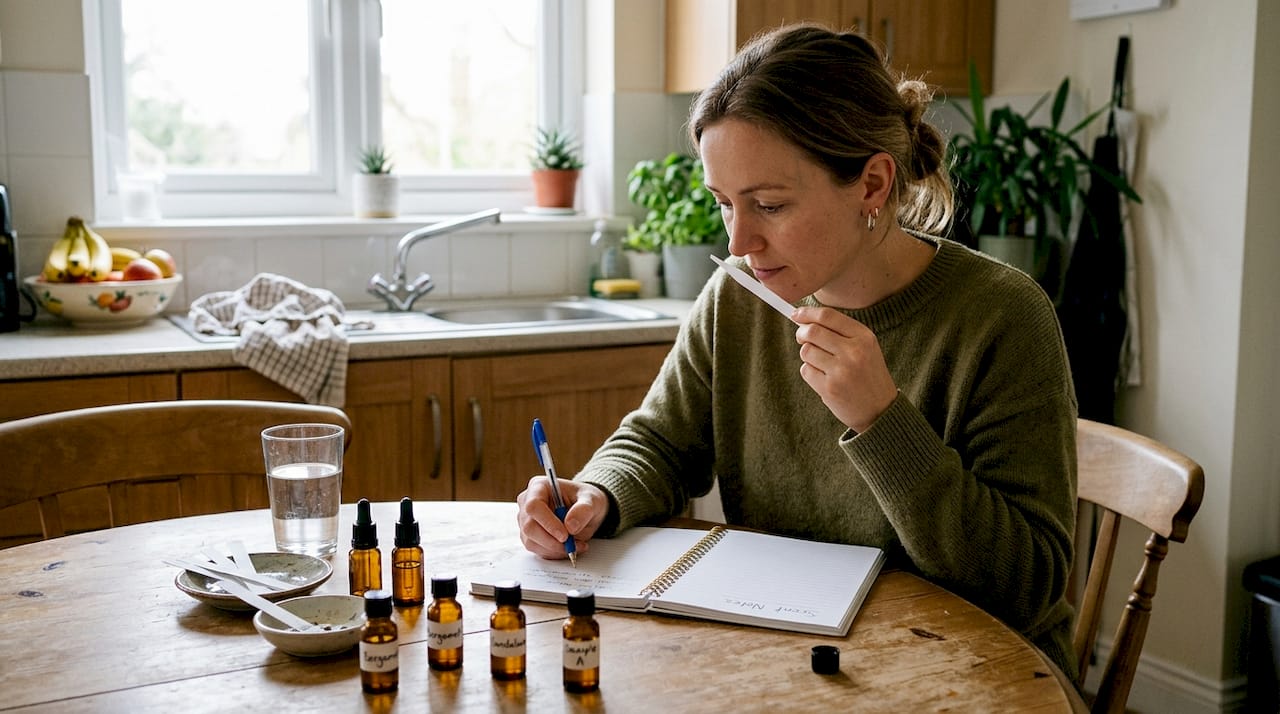 Woman sampling niche perfumes at home table