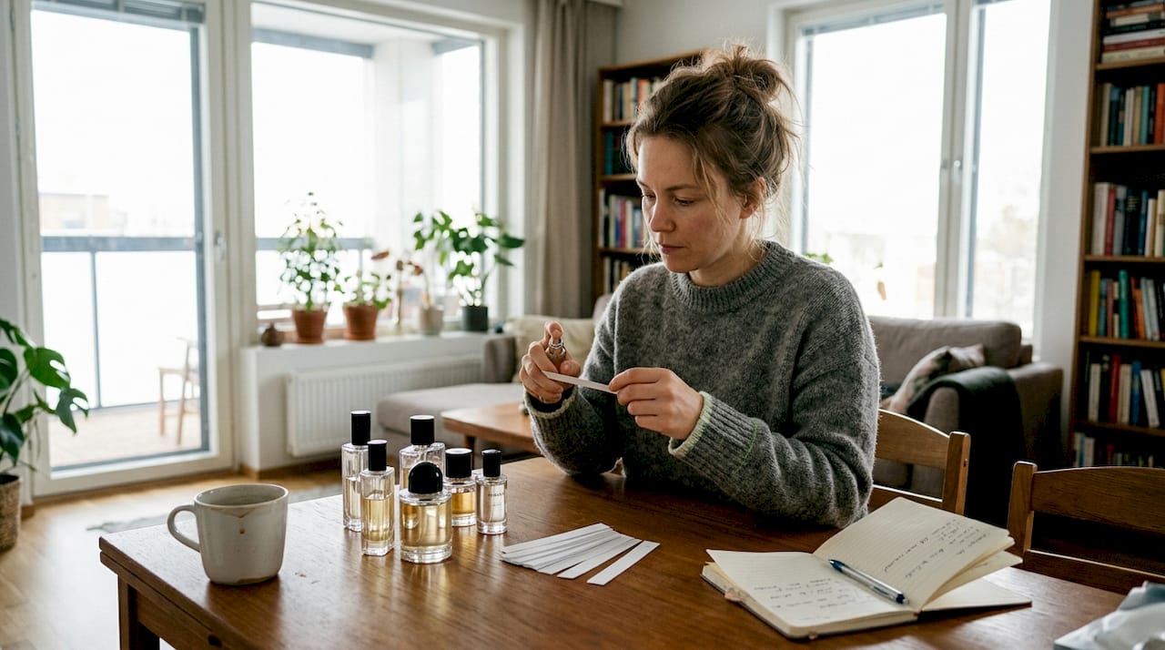 Nainen kokeilee uutta hajuvettä kotona keittiön pöydän ääressä, miettien miltä tuoksu tuntuu iholla.
