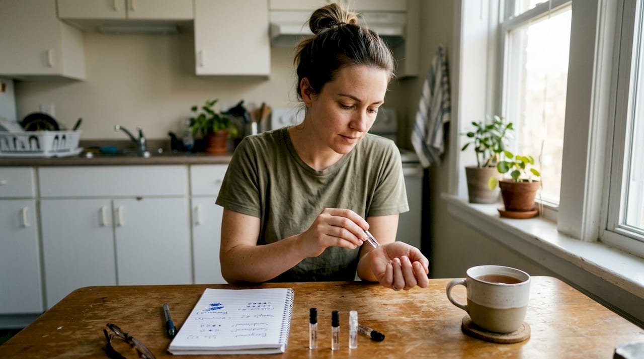Woman testing perfume sample at kitchen table