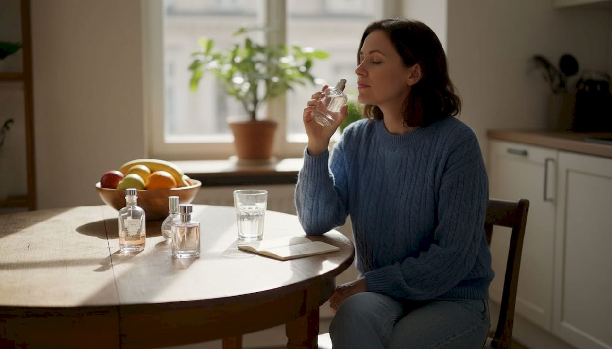 Woman sampling fragrances at kitchen table