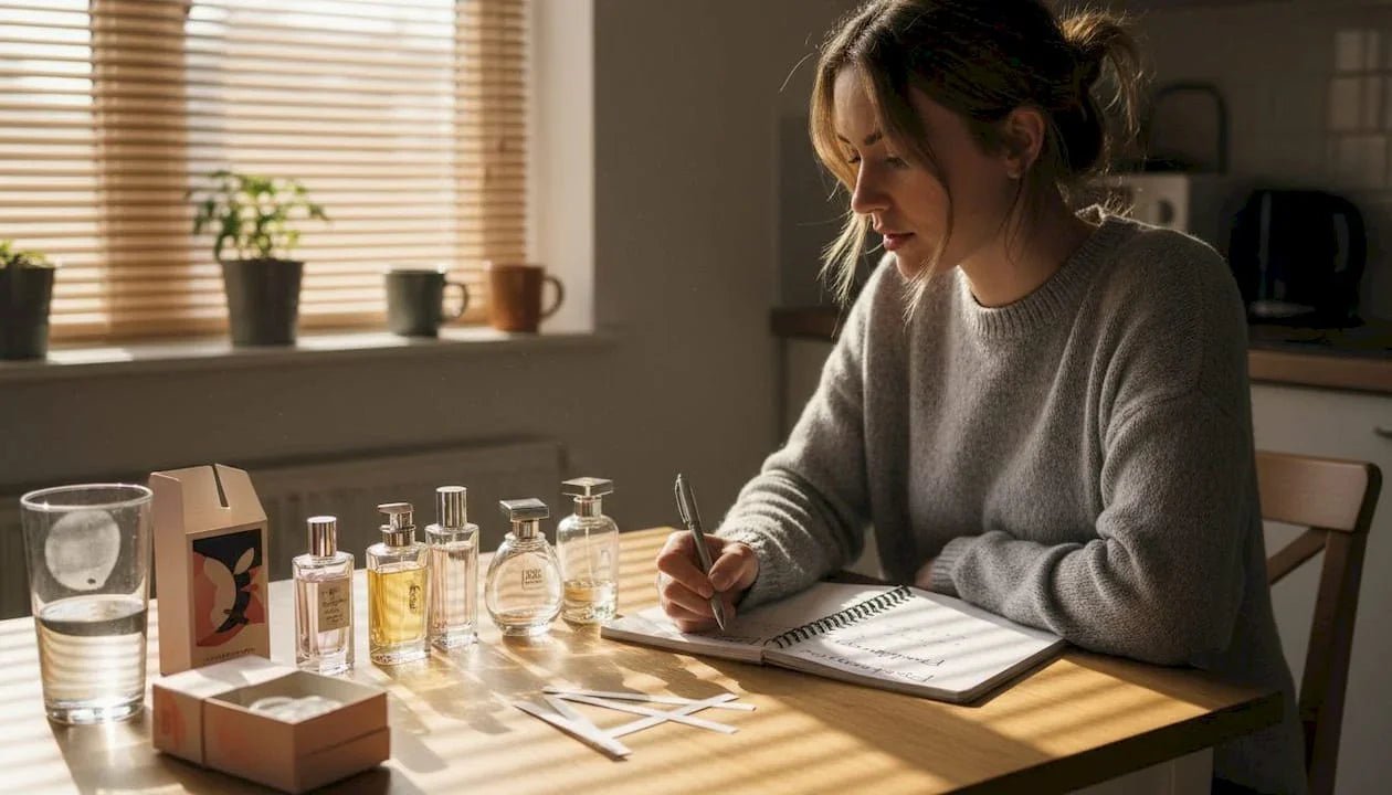 Woman examining perfume bottles at kitchen table