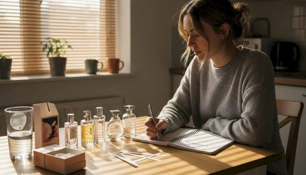 Woman examining perfume bottles at kitchen table