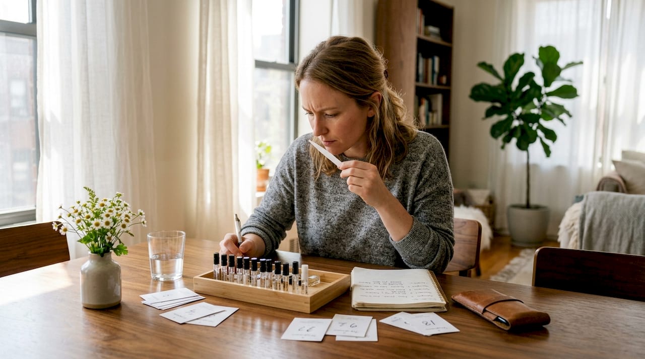 Woman sampling perfumes at home table