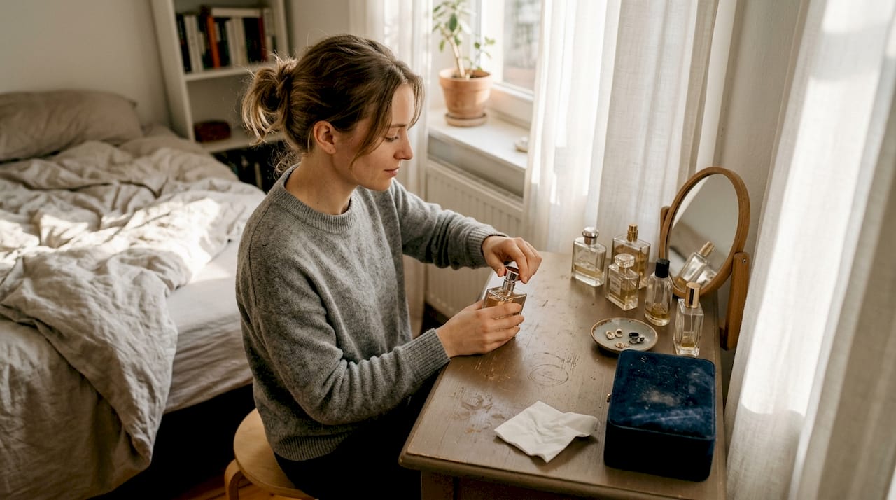 Woman with perfume bottles at dressing table