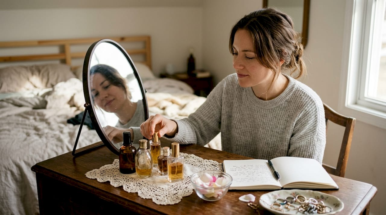 Woman choosing fragrances at bedroom vanity