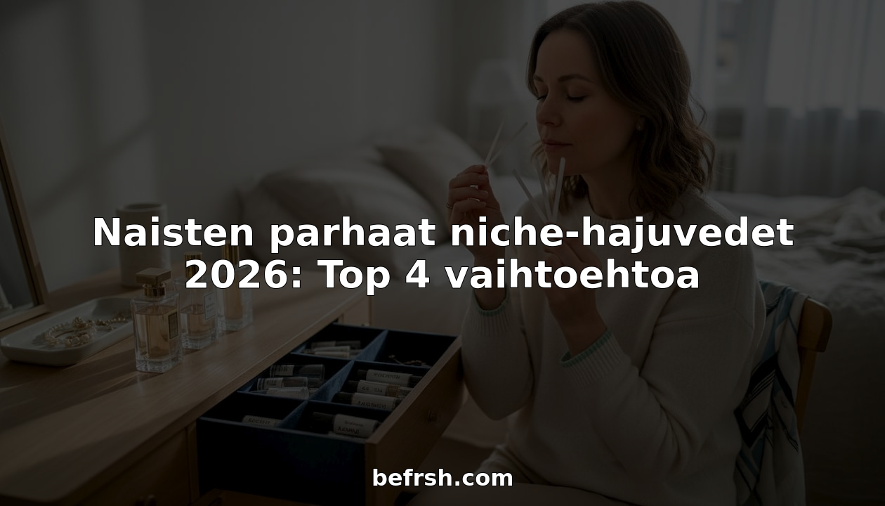 Nainen testailee harvinaisia hajuvesiä makuuhuoneen peilipöydän ääressä.