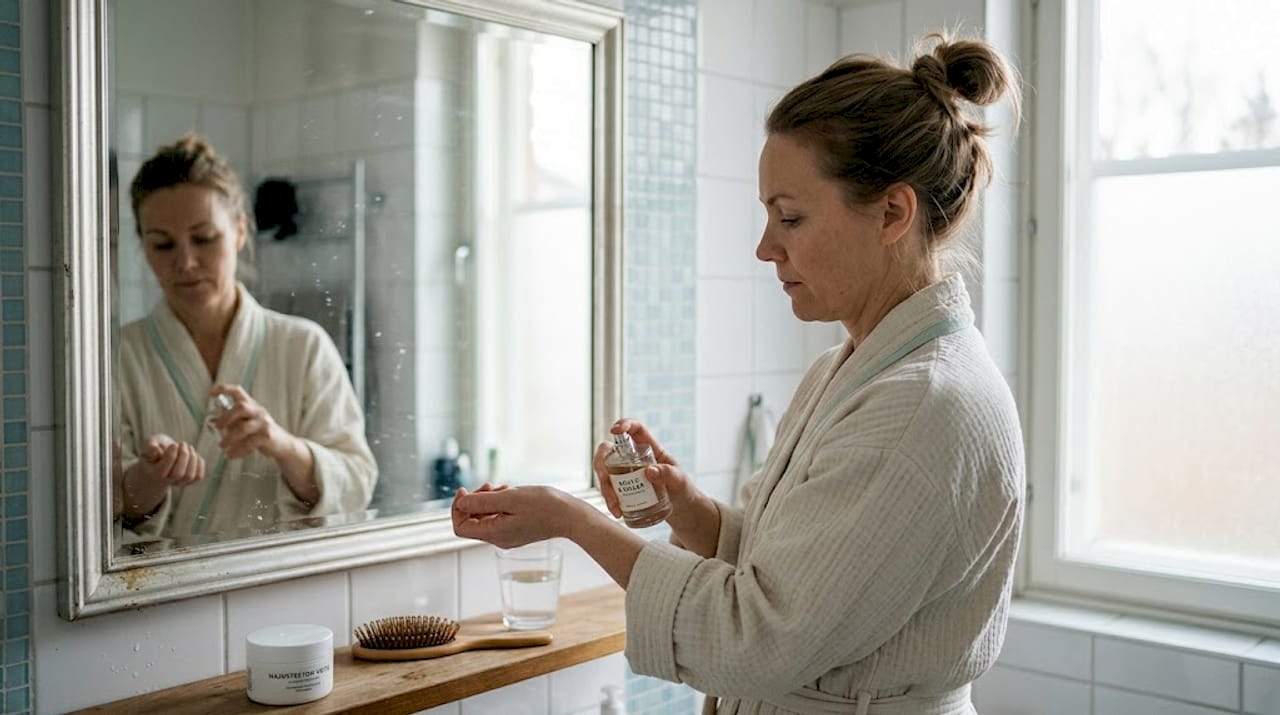 Nainen suihkauttaa lempihajuvettansa kylpyhuoneessa kotonaan.