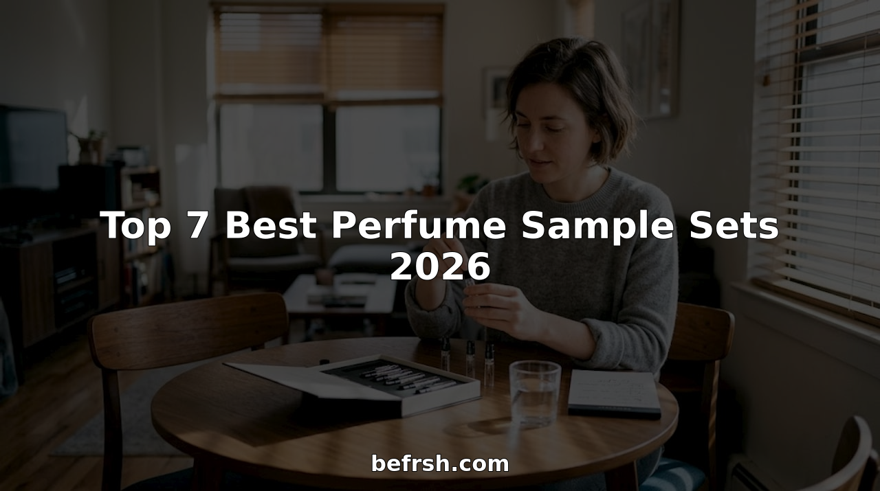 Woman trying perfume sample set at home