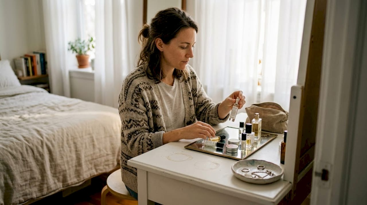 Woman sorting travel size perfumes