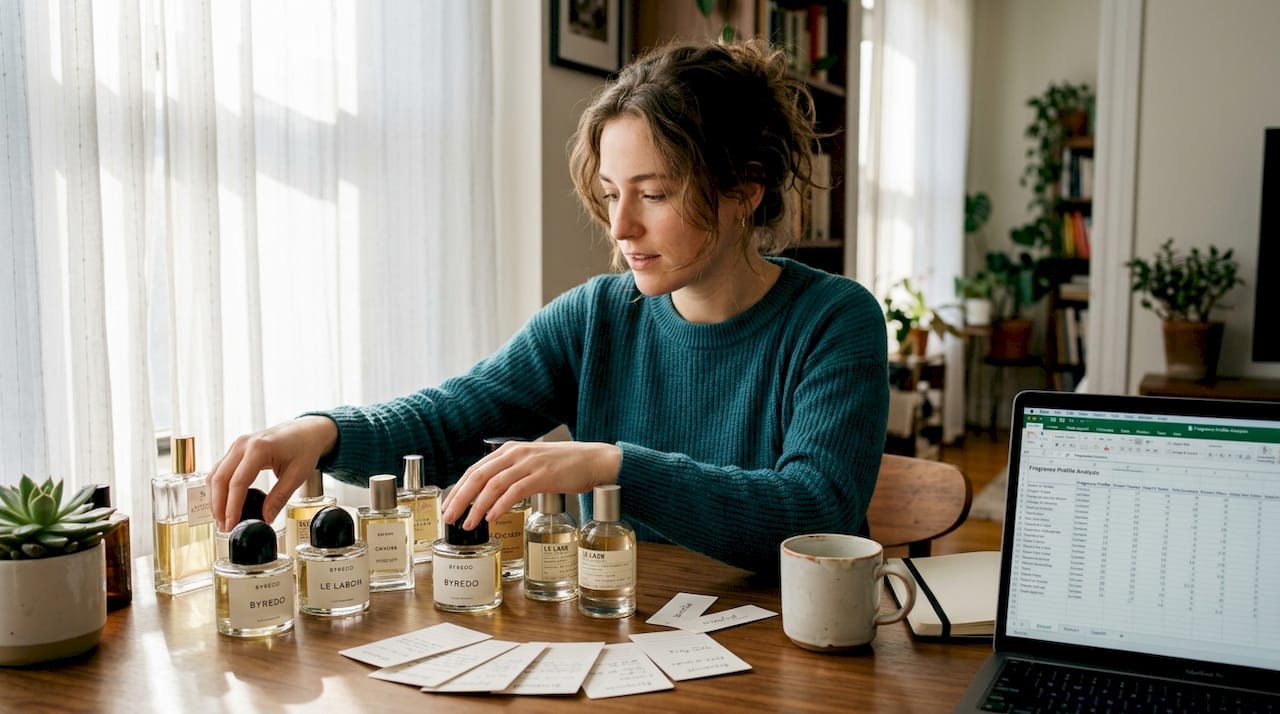 Woman arranging unisex fragrance bottles