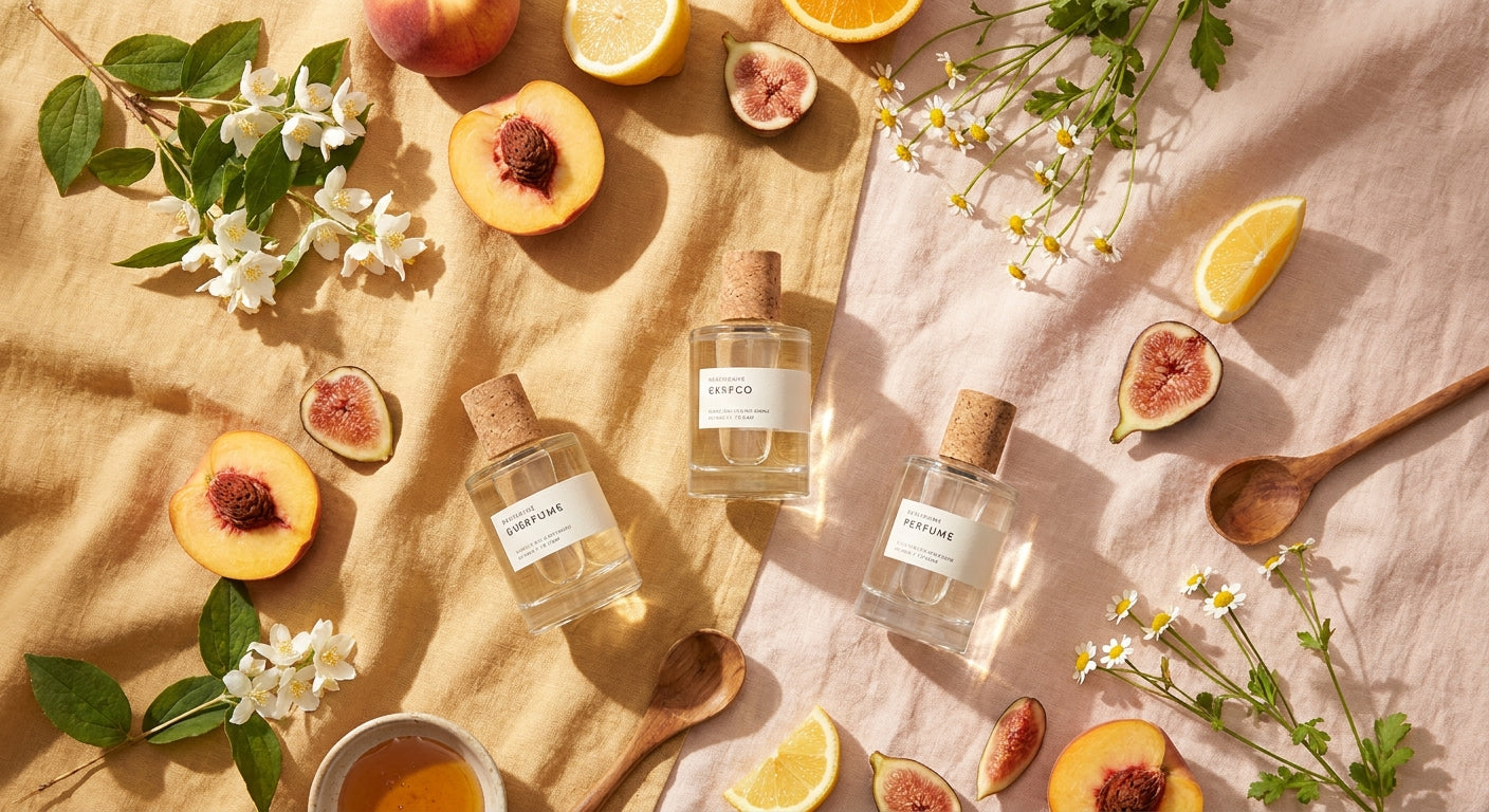 A sun-lit Nordic flat lay of summer fruits, white flowers, and small glass perfume vials arranged on warm linen, evoking the gourmand and fruity fragrance trends of summer 2026.