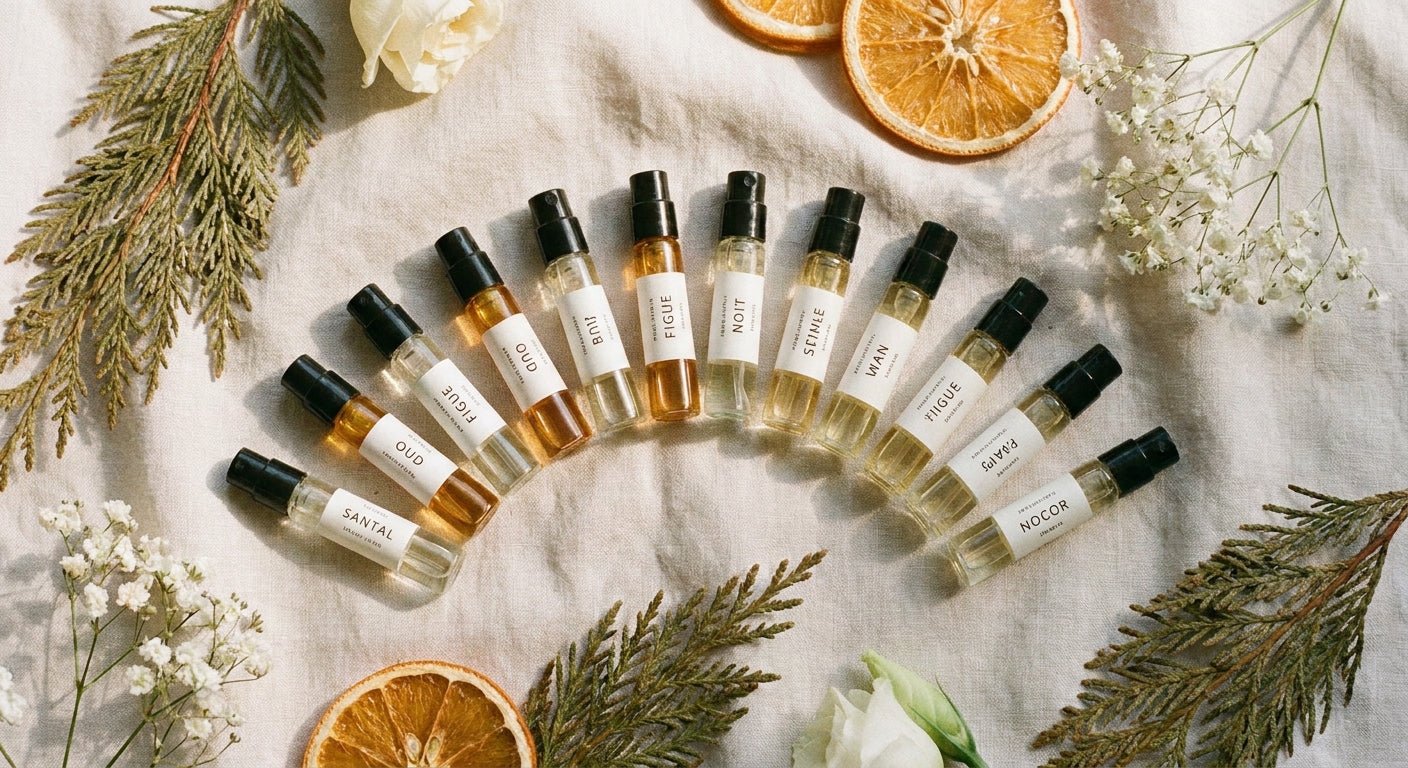 A curated collection of small perfume sample vials arranged on a light linen surface with dried botanicals in soft Nordic natural light.
